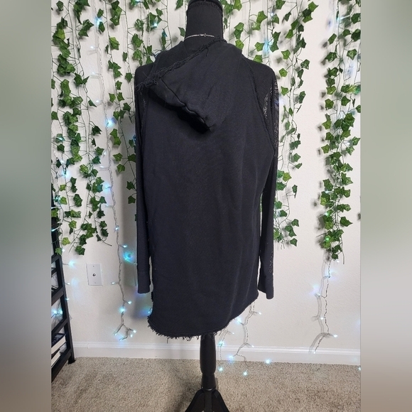 Elie Tahari Sport Mesh Sleeve Raw Hem Black Cotton French Terry Pullover Hoodie - Picture 11 of 11